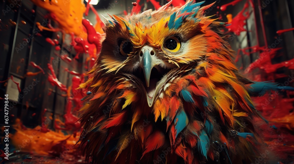 Poster a painting of a colorful bird in front of a building with red and yellow paint splattered all over i