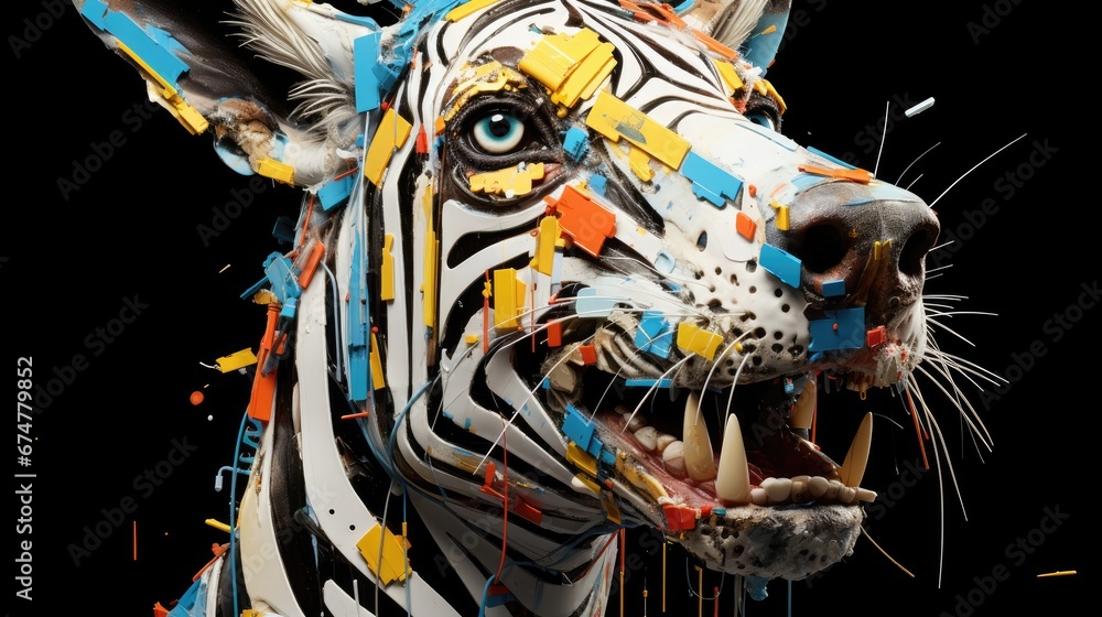 Poster a close up of a sculpture of a zebra with it's mouth open and it's teeth missing. generative ai