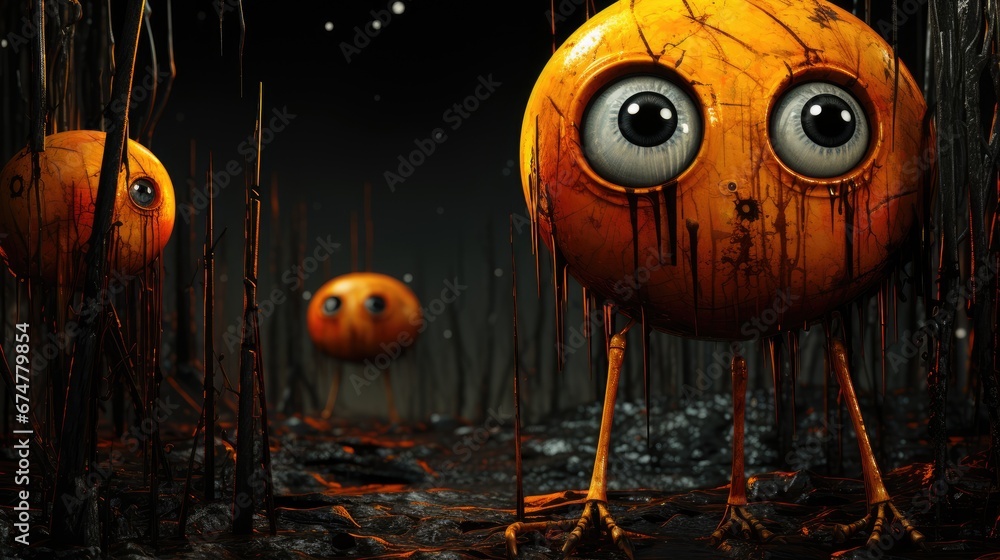Poster a group of strange looking orange objects in a swampy area with one staring at the camera and the ot