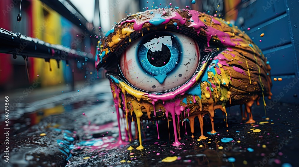 Poster a close up of an eye with paint splattered all over it and a blue building in the background. genera