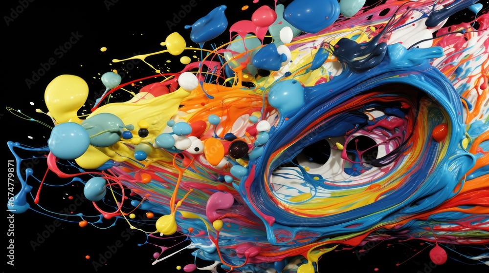 Poster a multicolored abstract painting with lots of balloons and confetti on the bottom of the image and o