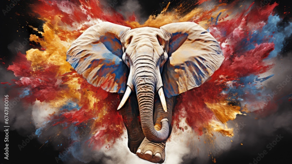 Aufkleber an elephant with its trunk up in the air, surrounded by a vibrant array of colors including red, ora
