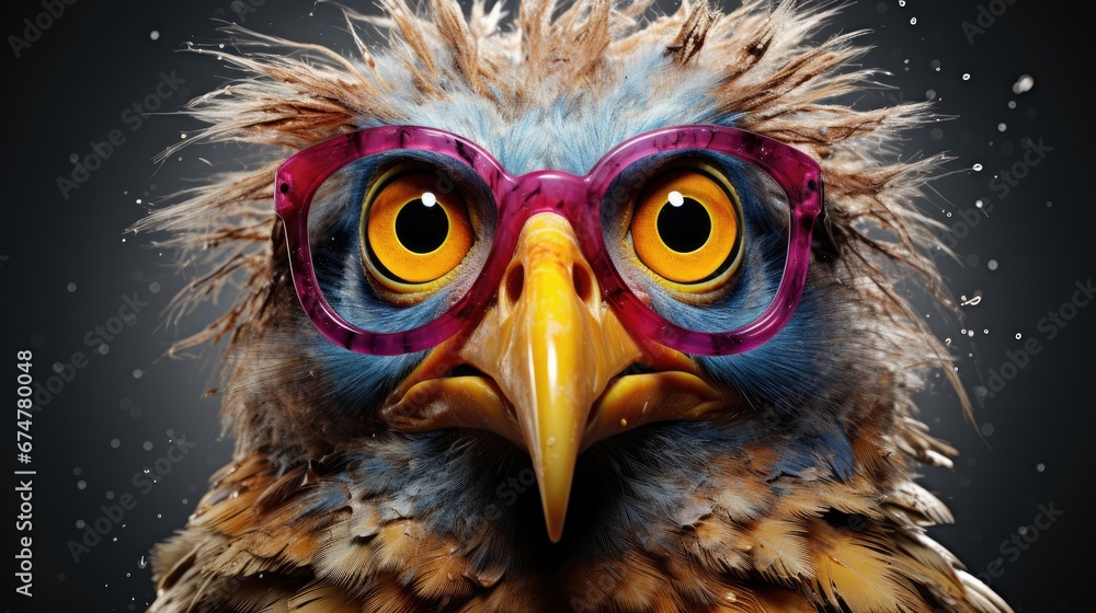 Poster a close up of a bird with a pair of glasses on it's face and a snowflaked background. generative ai