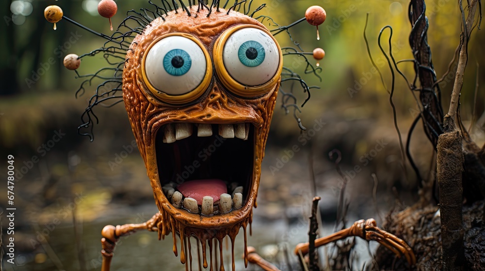Poster a close up of a weird looking object with eyes and a body of water in the background with trees and 