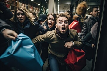 Midnight Black Friday shopping spree, with shoppers jostling to grab discounted products, devices, clothes in a shopping center, seasonal sales. Diverse people customers rushing for bargains, hunting - obrazy, fototapety, plakaty