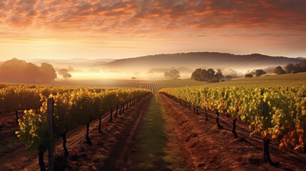 Fototapeta premium morning fall dawn rural landscape illustration horizontal mountain, season foliage, water weather morning fall dawn rural landscape