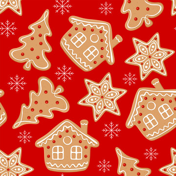 Christmas seamless pattern with gingerbread and snowflakes on a red background. Vector cartoon illustration.
