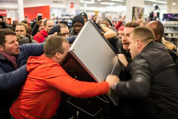 Chaos on Black Friday. People fighting over products at the store, People bargain hunters fighting - obrazy, fototapety, plakaty