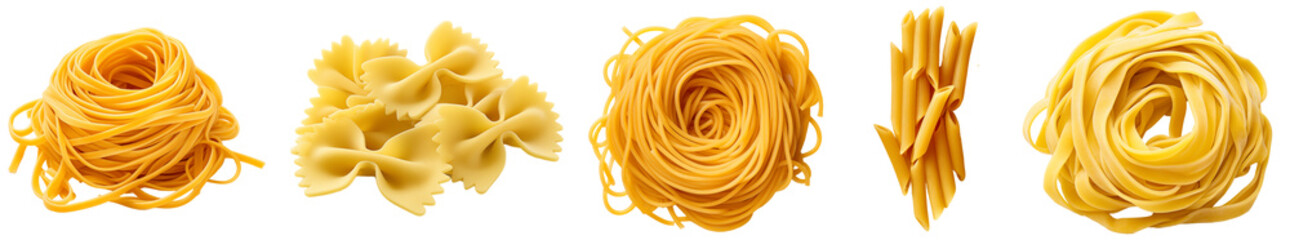 Collection of different italian pasta types, from left to right: linguine, farfalle, spaghetti, penne, tagliatelle, isolated on white background