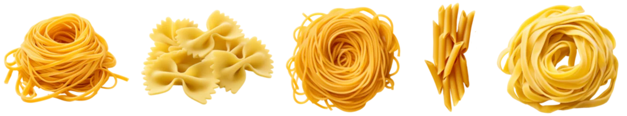 Foto op Plexiglas Collection of different italian pasta types, from left to right: linguine, farfalle, spaghetti, penne, tagliatelle, isolated on white background © Flowal93