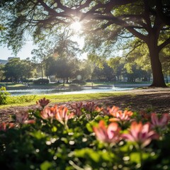 Obraz premium Morning Sunshine in Blooming Park with Trees, Flowers, and Tranquil Pond Reflecting Nature's Beauty.