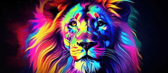 Abstract 3d colorful hologram lion animal drawing in dark background. AI generated