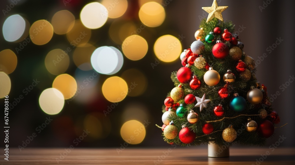 Aufkleber a small christmas tree on a table in front of a christmas tree with a star on the top of it. generat