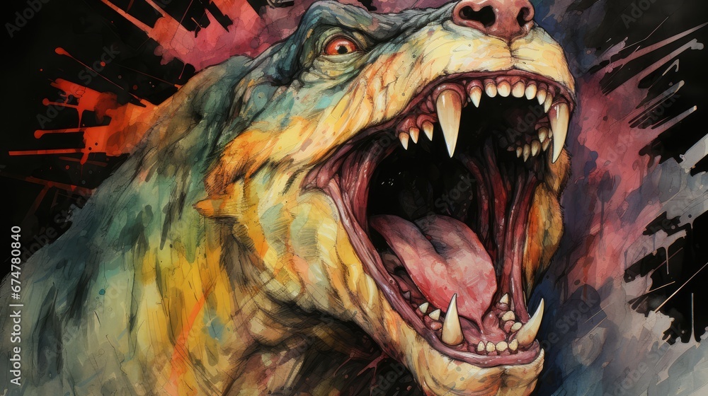 Poster a painting of a dinosaur with it's mouth open and it's mouth wide open with it's mouth wide open. ge
