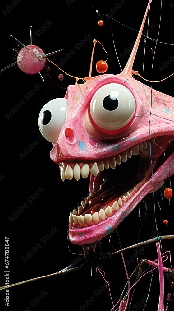 Poster a close up of a strange looking object with big eyes and a toothy grin on it's face. generative ai