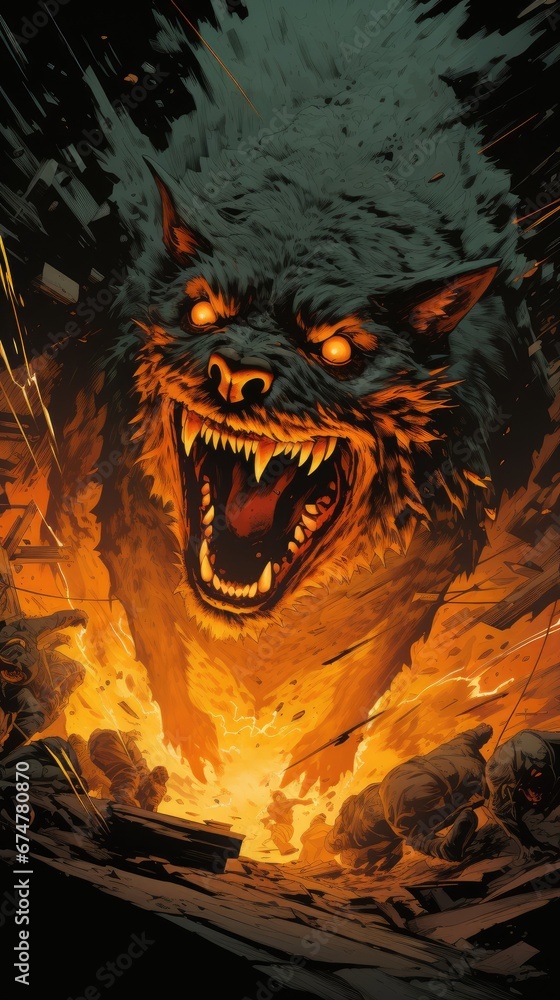 Poster a picture of a bear with its mouth open and it's mouth wide open in front of a fire. generative ai