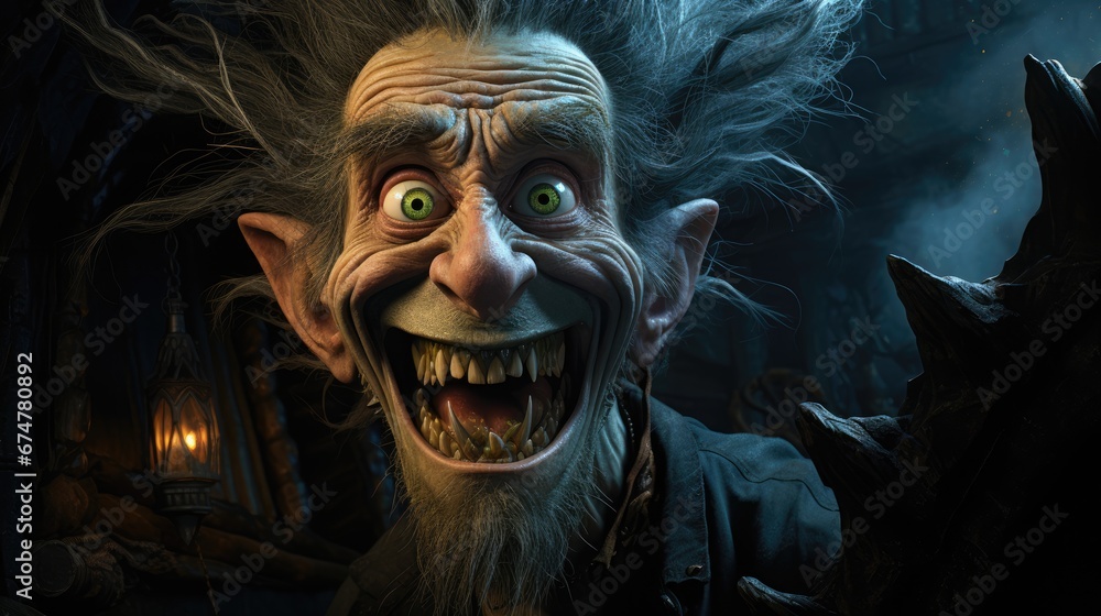 Poster a close up of a troll with a creepy look on it's face and a creepy expression on his face. generativ