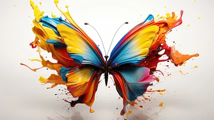 Zelfklevend Fotobehang  a colorful butterfly flying through the air with paint splatters all over it's back and wing ends.  generative ai © Oleg