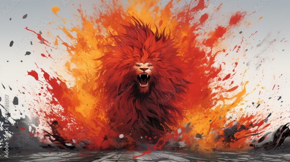 Poster a painting of a lion with its mouth open and it's mouth wide open in front of a white background. ge