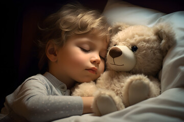 Cute little kid boy sleeping with teddy bear toy