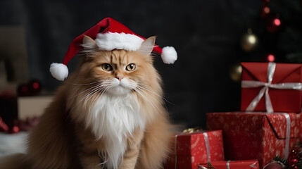 Red fluffy cat in Santa Claus Christmas red hat sitting near the gift boxes in red wrapping paper with ribbons.