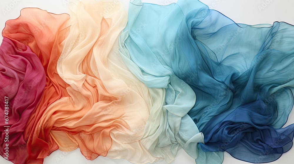 Poster a group of multicolored silks on a white surface with the colors of the rainbow in the background. g