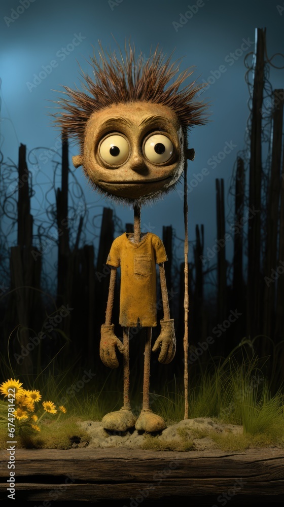 Poster a cartoon character standing in a field with tall grass and flowers in front of a dark sky with a fu