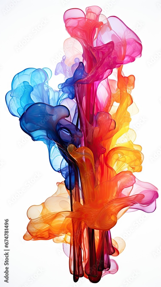 Poster a group of multicolored objects floating in the air with a white back ground and a white back ground