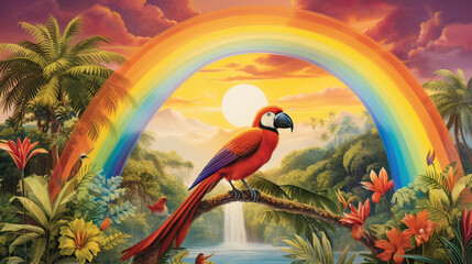 Naklejka premium Bird of paradise framed by a vibrant rainbow arching across the tropical skies Ai Generative