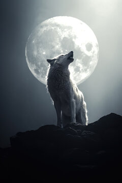 silhouette of a wolf howling on a cliff - full moon - misty night background.