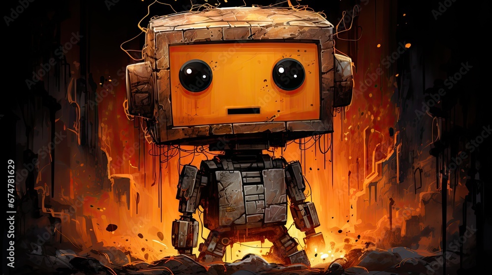 Aufkleber a robot standing in front of a fire with its eyes wide open and eyes wide open, on a black backgroun