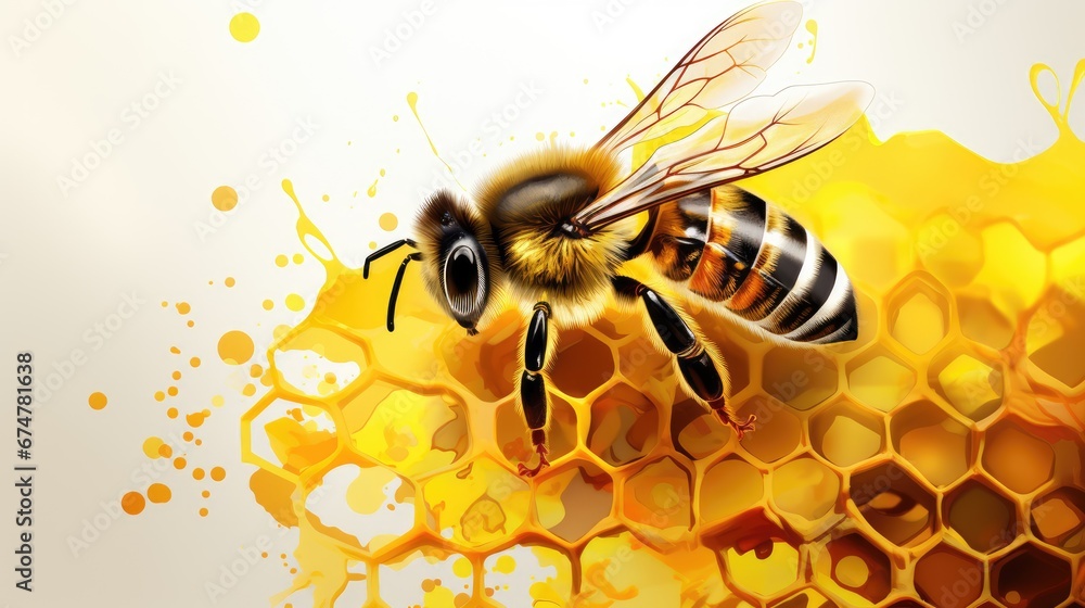 Poster a close up of a bee on a honeycomb with honey flowing down the side of the frame and on top of the h