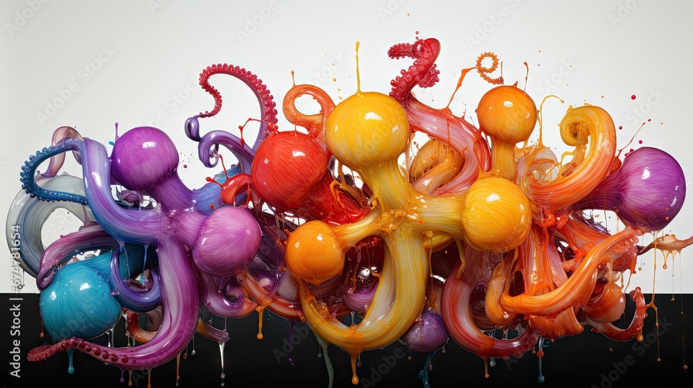 Poster a group of multicolored balloons floating on top of each other in front of a white wall and floor. g