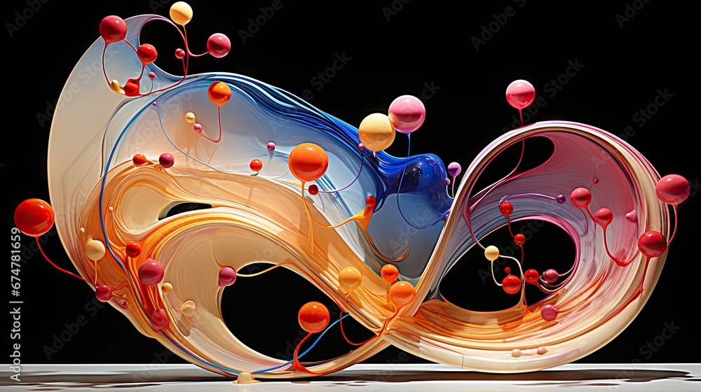 Poster a computer generated image of a swirl of colored balls and a blue, white, orange, and red object. ge