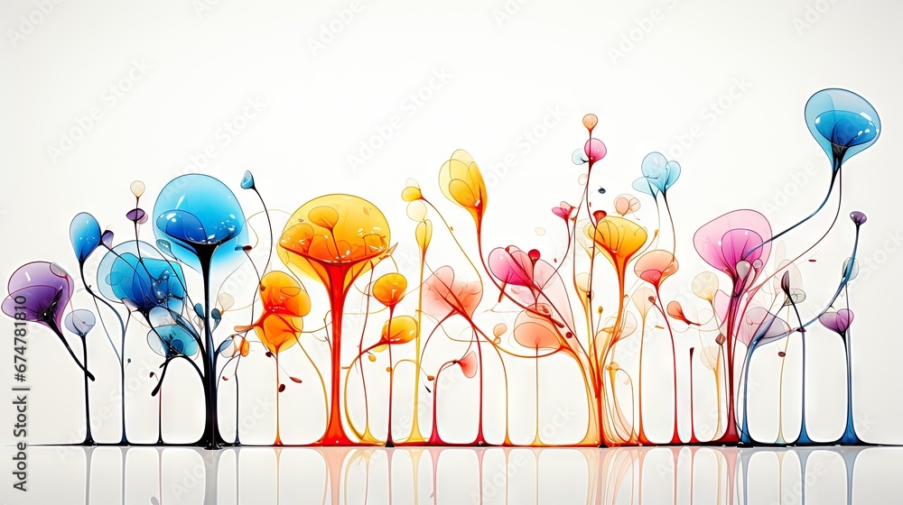 Poster a group of colorful flowers sitting next to each other on a white surface with a reflection of them 