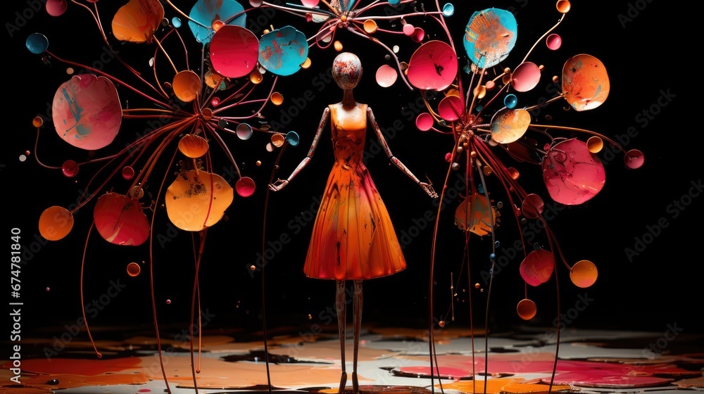 Poster a mannequin dressed in an orange dress stands in front of an array of colorful balloons in a dark ro