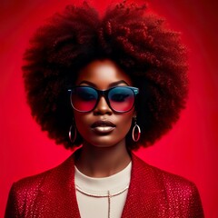 Portrait of an afro woman wearing a red jacket and black glasses, 80s style, red background	