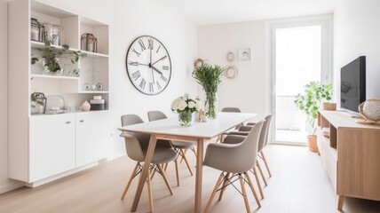 Interior design inspiration of Scandinavian Mid-Century style home dining room loveliness decorated with Wood and Fabric material and Statement Chair .Generative AI home interior design .