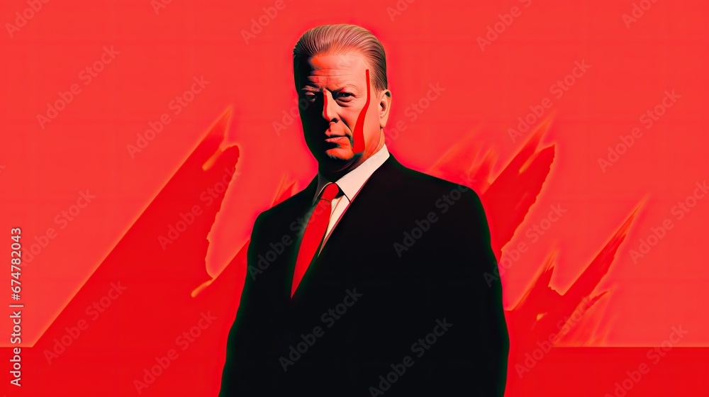 Poster a man in a suit and tie is standing in front of a red background with a red and black background. ge