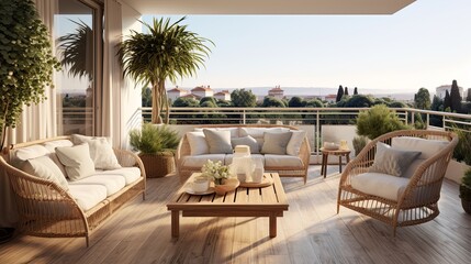 semi outdoor balcony home interior design concept cosy comfort casual living room with wooden natural material beige bright white colour scheme house beautiful ideas concept - obrazy, fototapety, plakaty