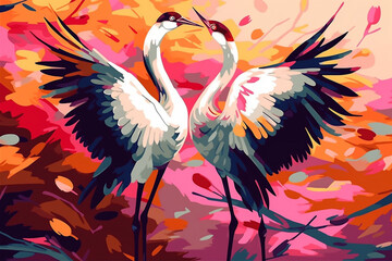 Kraniche bei Tanz - Farbenfrohe Vögel ähnlich Holzschnitt oder Linolschnitt - obrazy, fototapety, plakaty
