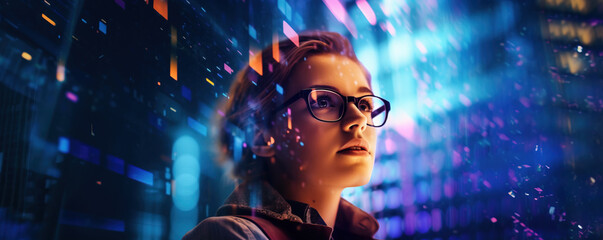 Young woman wearing eyeglasses browsing a futuristic immersive digital world