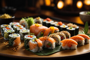 Sushi pieces arranged in an artistic and visually appealing manner on a textured ardesia surface, conveying the artistry of sushi making. Generative Ai.