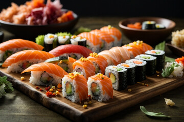 Sushi pieces arranged in an artistic and visually appealing manner on a textured ardesia surface, conveying the artistry of sushi making. Generative Ai.