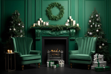 Green tones christmas interior decoration