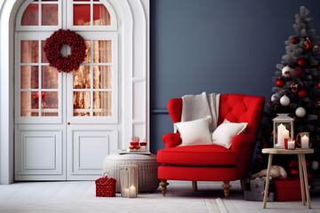 Modern cozy christmas decorated room interior