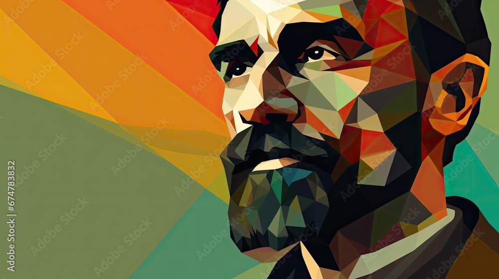 Poster a close up of a person wearing a suit and tie with a multicolored background of a man's face. genera