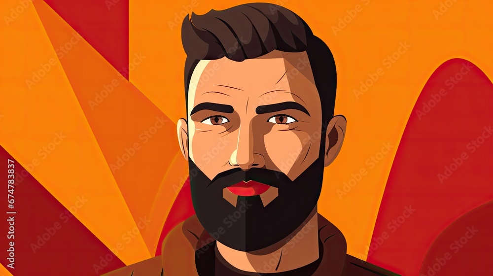 Poster a man with a beard standing in front of a red and orange background with an abstract design in the b