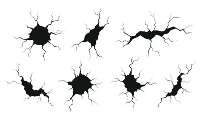 Vector set of black cracks and holes in the wall or ground effects isolated on white background