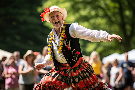 Smilly morris dancer performe in the public area